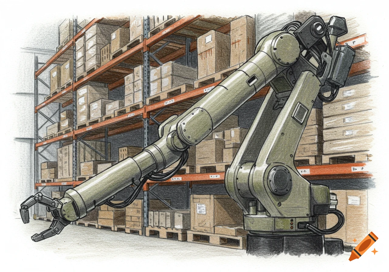 A colored pencil drawing of an olive green industrial robot with a gripper arm in a warehouse filled with boxes on shelves.