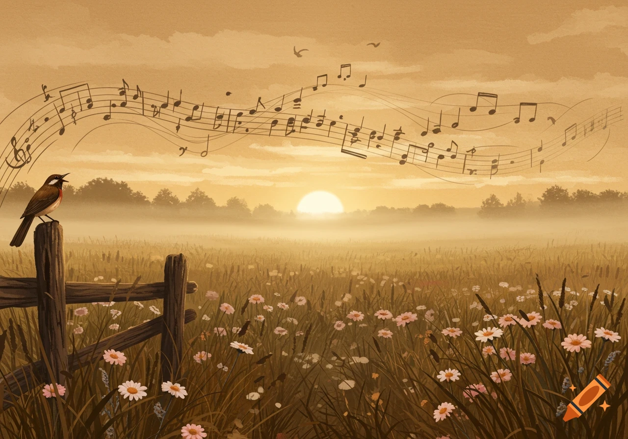 A bird on a fence post sings in a misty, golden field at sunrise, with musical notes floating above wildflowers.