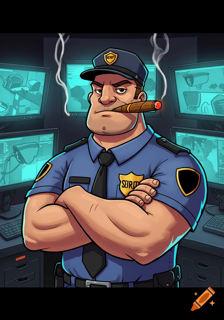 Cartoon security guard with crossed arms, smoking a cigar, in front of multiple CCTV monitors.