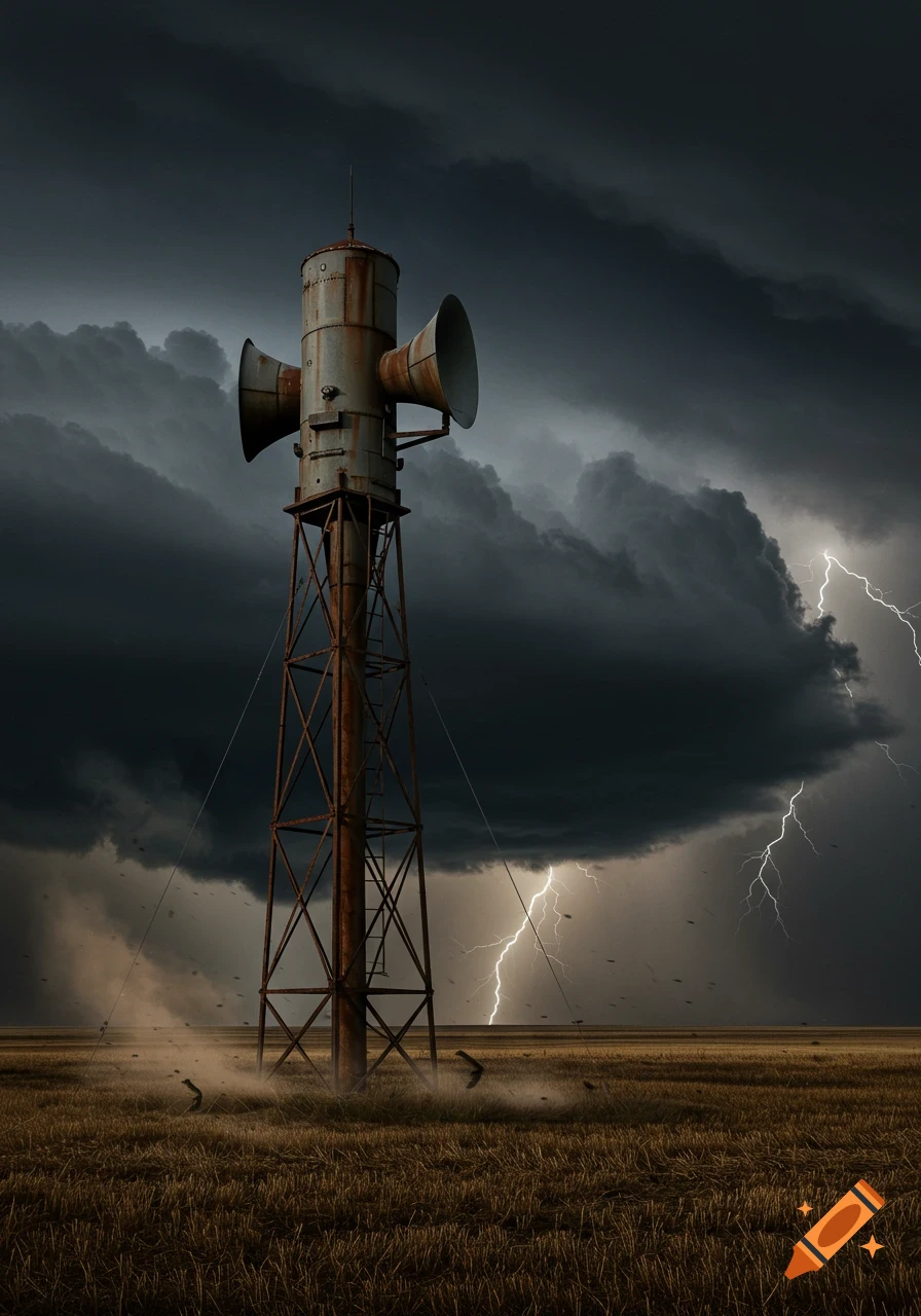 A rusty tornado siren on a metal tower stands in a dry field under a dark, stormy sky with multiple lightning strikes.