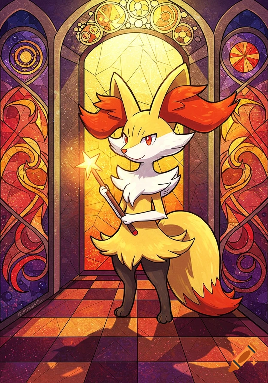 Braixen, the fox-like Pok 00e9mon, holds a magic wand in a vibrant stained glass art style, surrounded by elaborate stained glass windows.