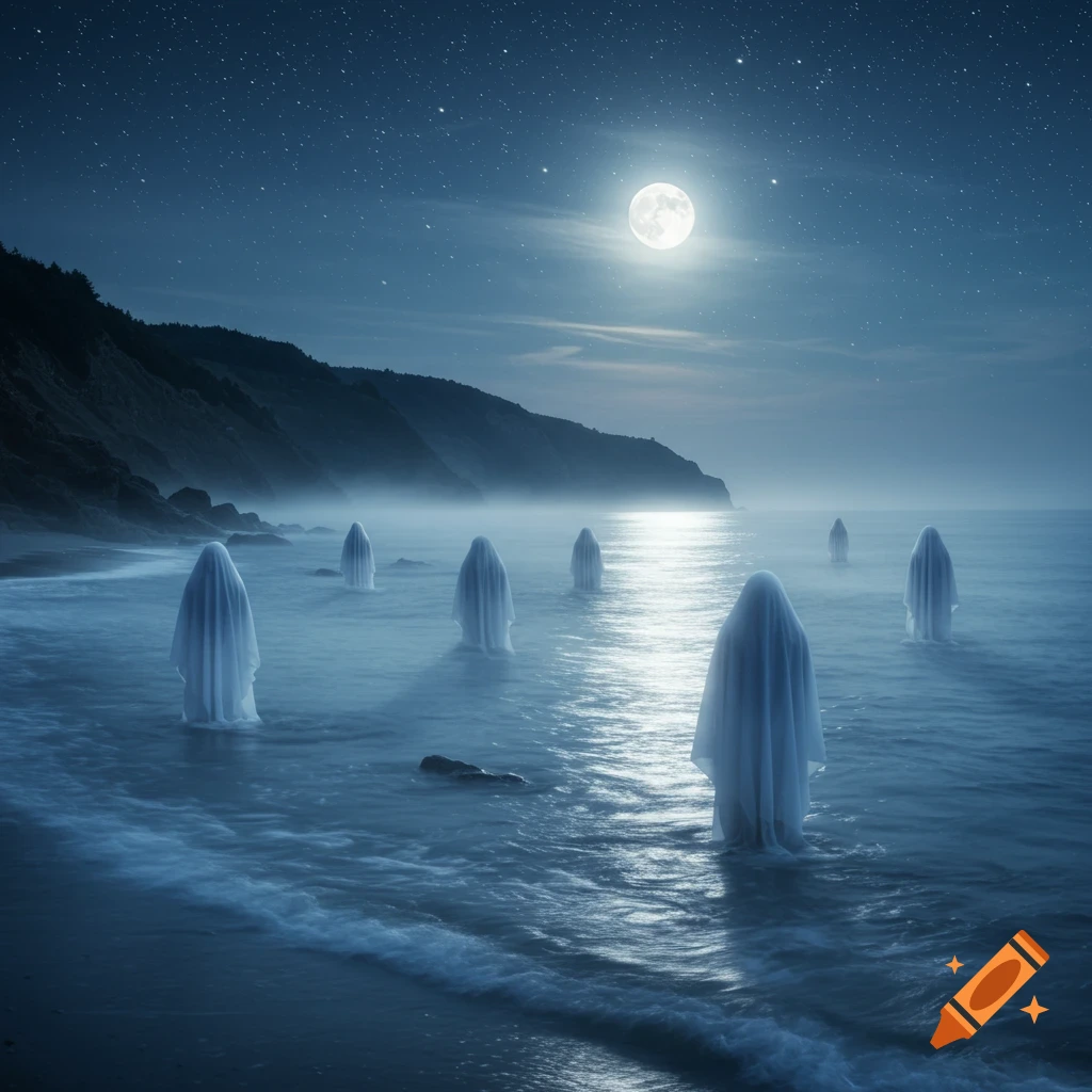 Ghostly figures in white sheets stand in the moonlit ocean at night, with misty mountains in the background.