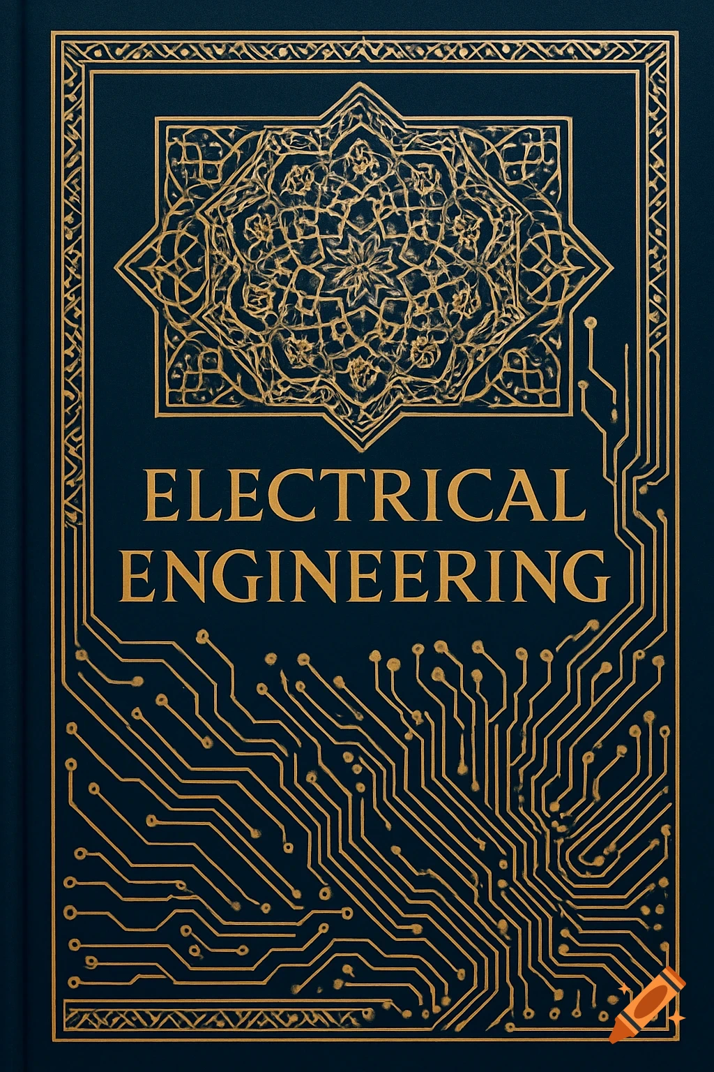 A dark blue book cover with 'ELECTRICAL ENGINEERING' in gold text, framed by gold Persian geometric patterns and circuit board designs.