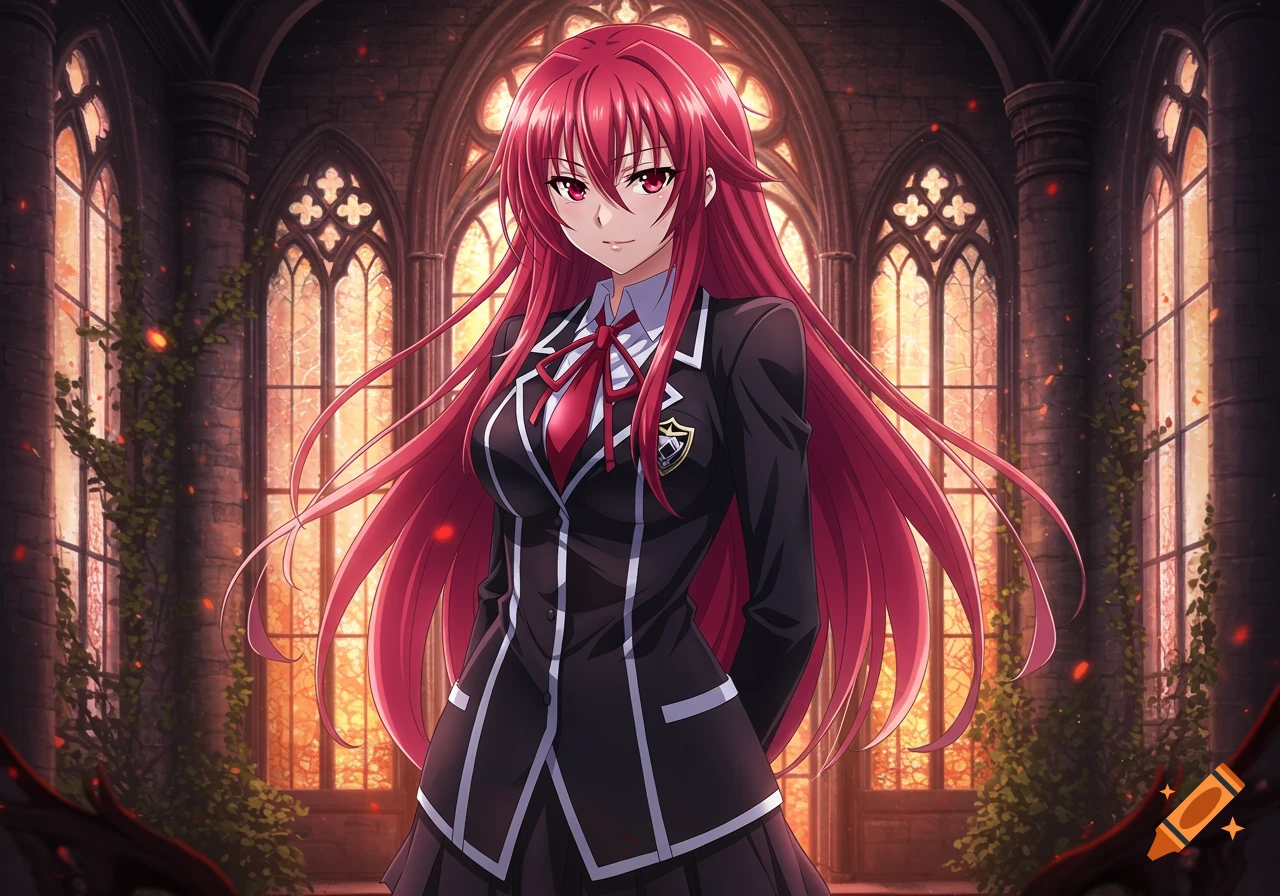 Anime girl with long red hair and red eyes, wearing a black school uniform with a red tie, stands in a gothic cathedral.
