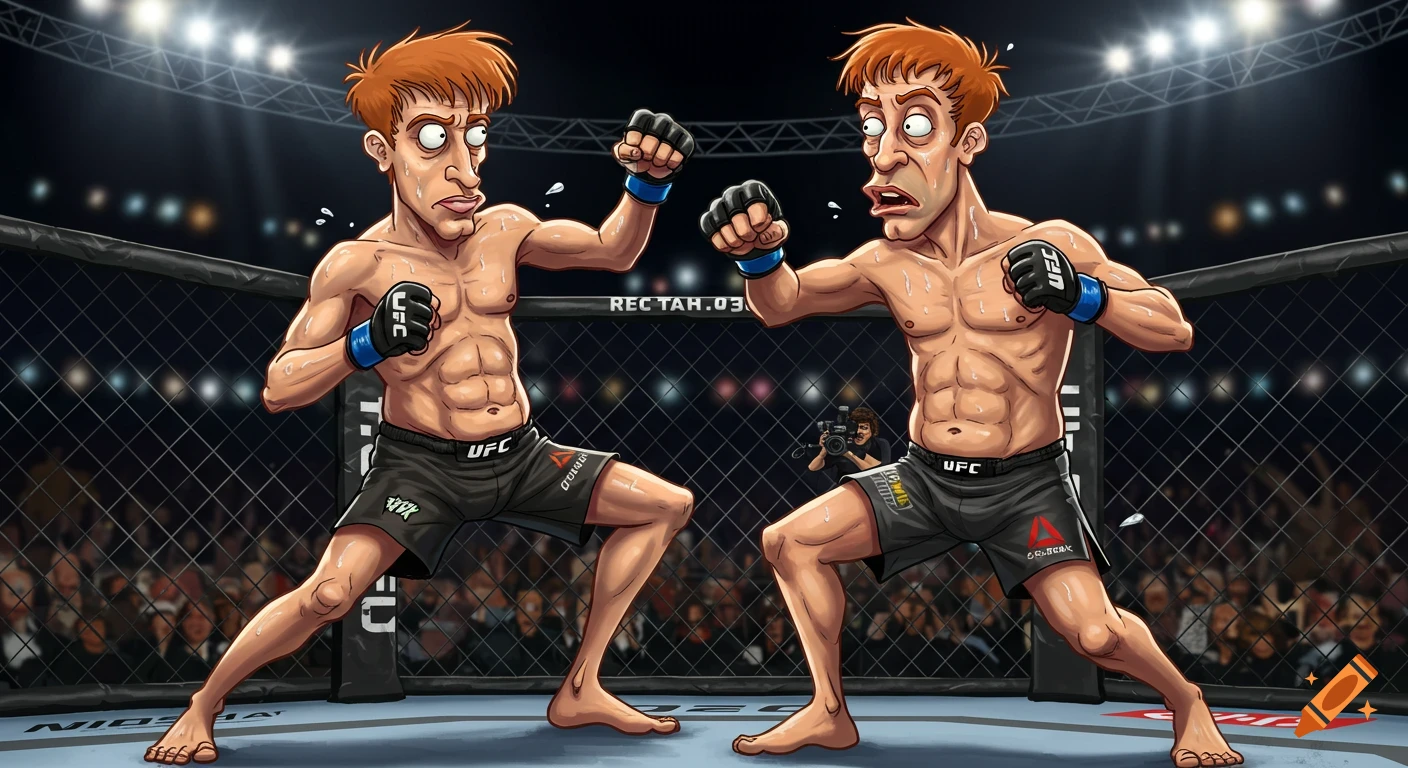 Cartoon of two red-haired, wide-eyed figures like Beavis and Butthead, shirtless in a UFC octagon, ready to fight.