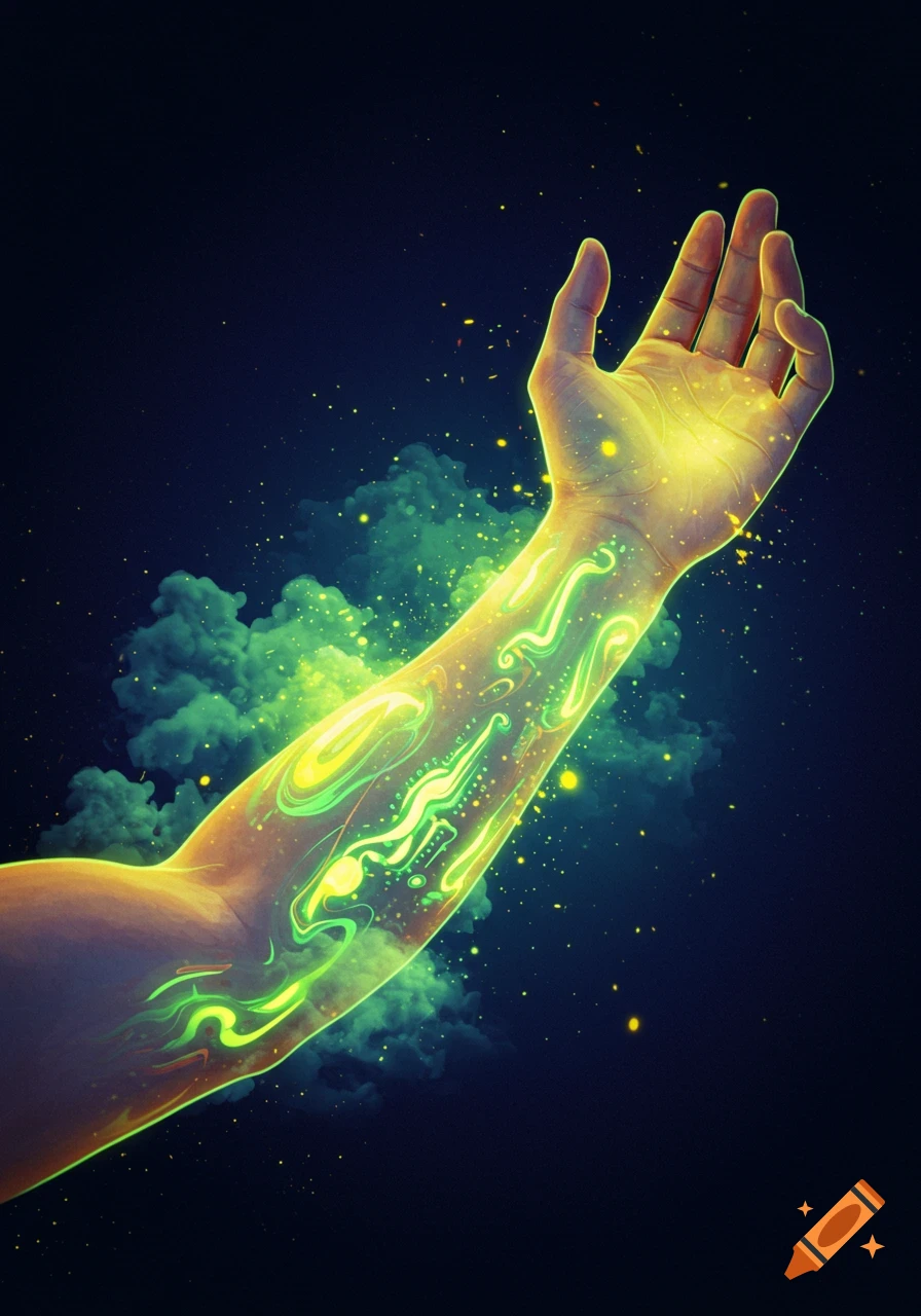 A human arm glows intensely with bright green and yellow energy, surrounded by ethereal green smoke and sparkling particles against a dark background.
