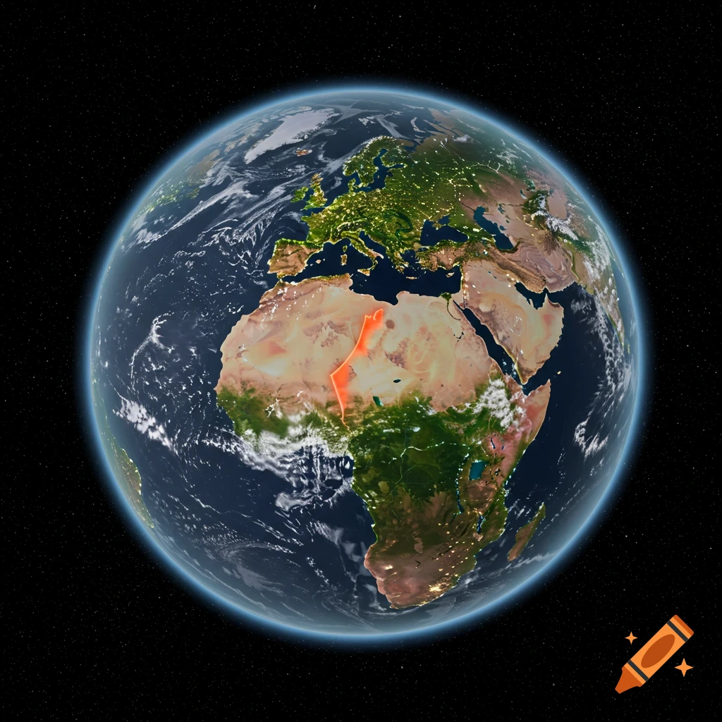 Photorealistic image of Earth from space, showing continents, city lights, and a red highlight over North Africa.