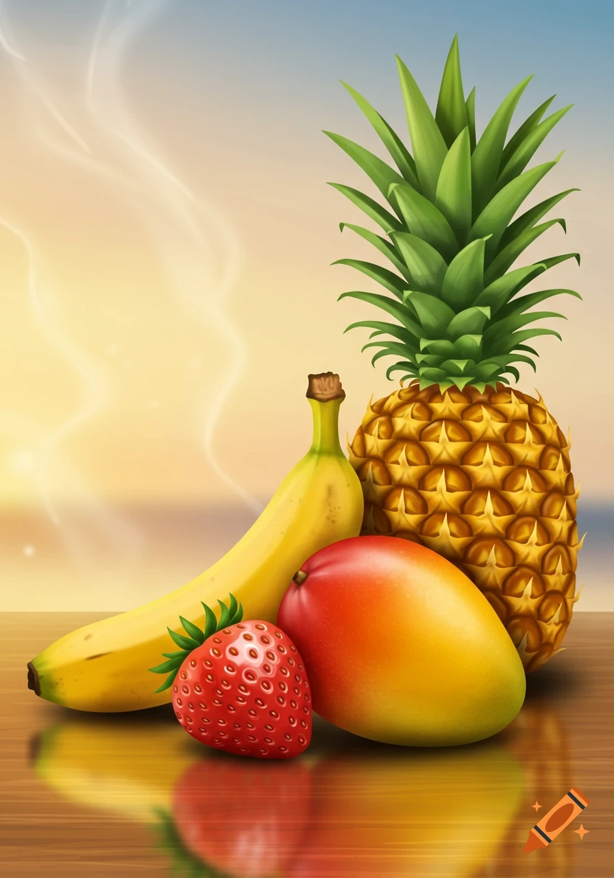 A vibrant illustration of a pineapple, banana, mango, and strawberry on a reflective wooden surface with a soft, warm background.