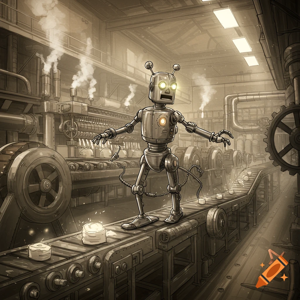 A retro-futuristic robot with glowing eyes stands on a factory conveyor belt amidst steam and industrial machinery in a detailed illustration.
