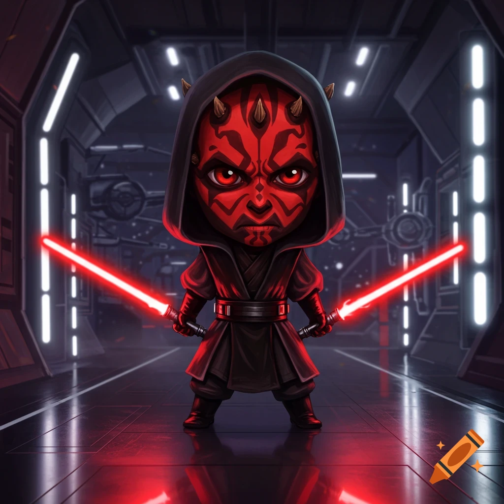 A chibi Darth Maul stands in a dark futuristic corridor, holding two red lightsabers.