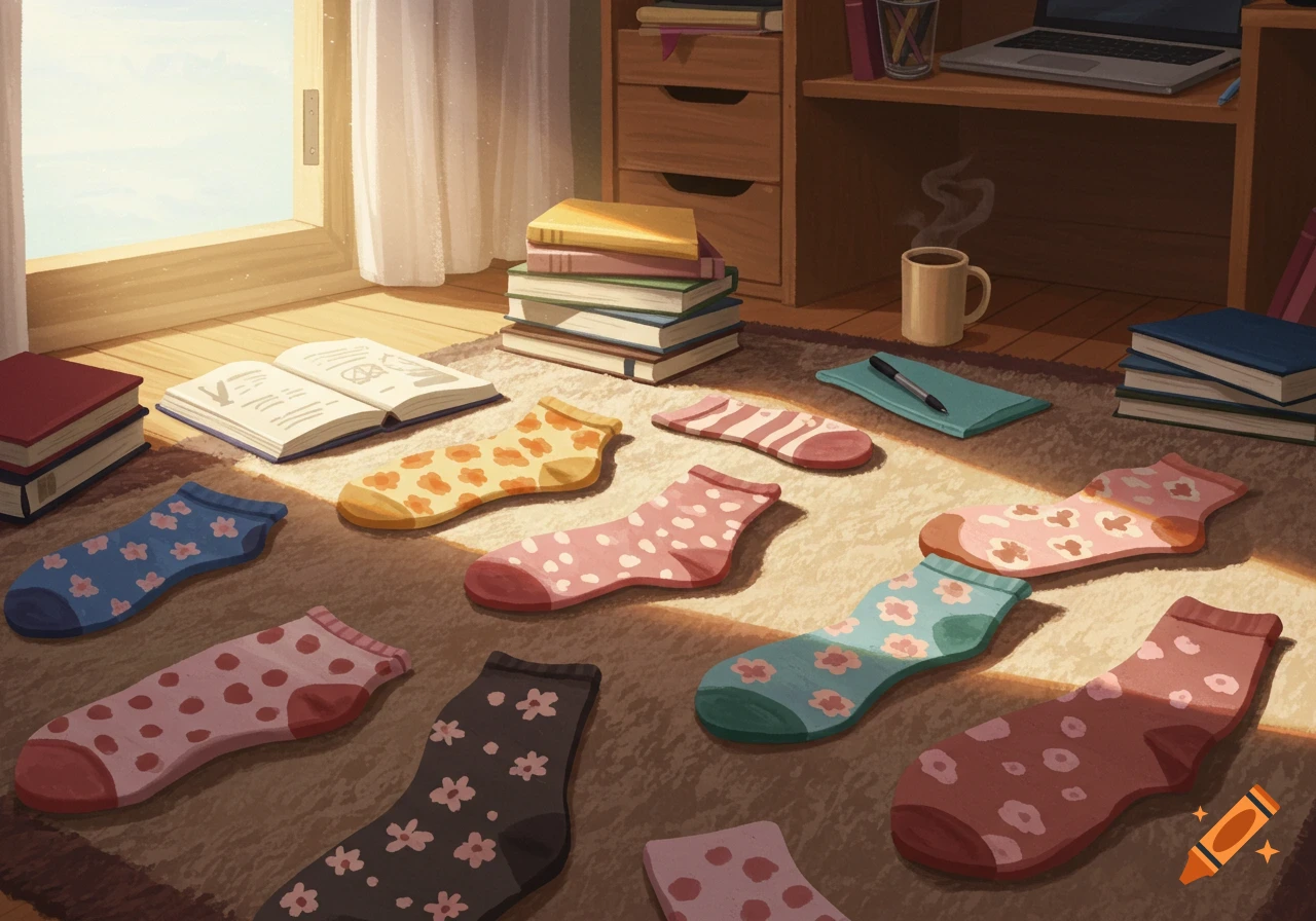 Numerous colorful patterned socks scattered on a sunlit rug in a cozy room with books and a desk.