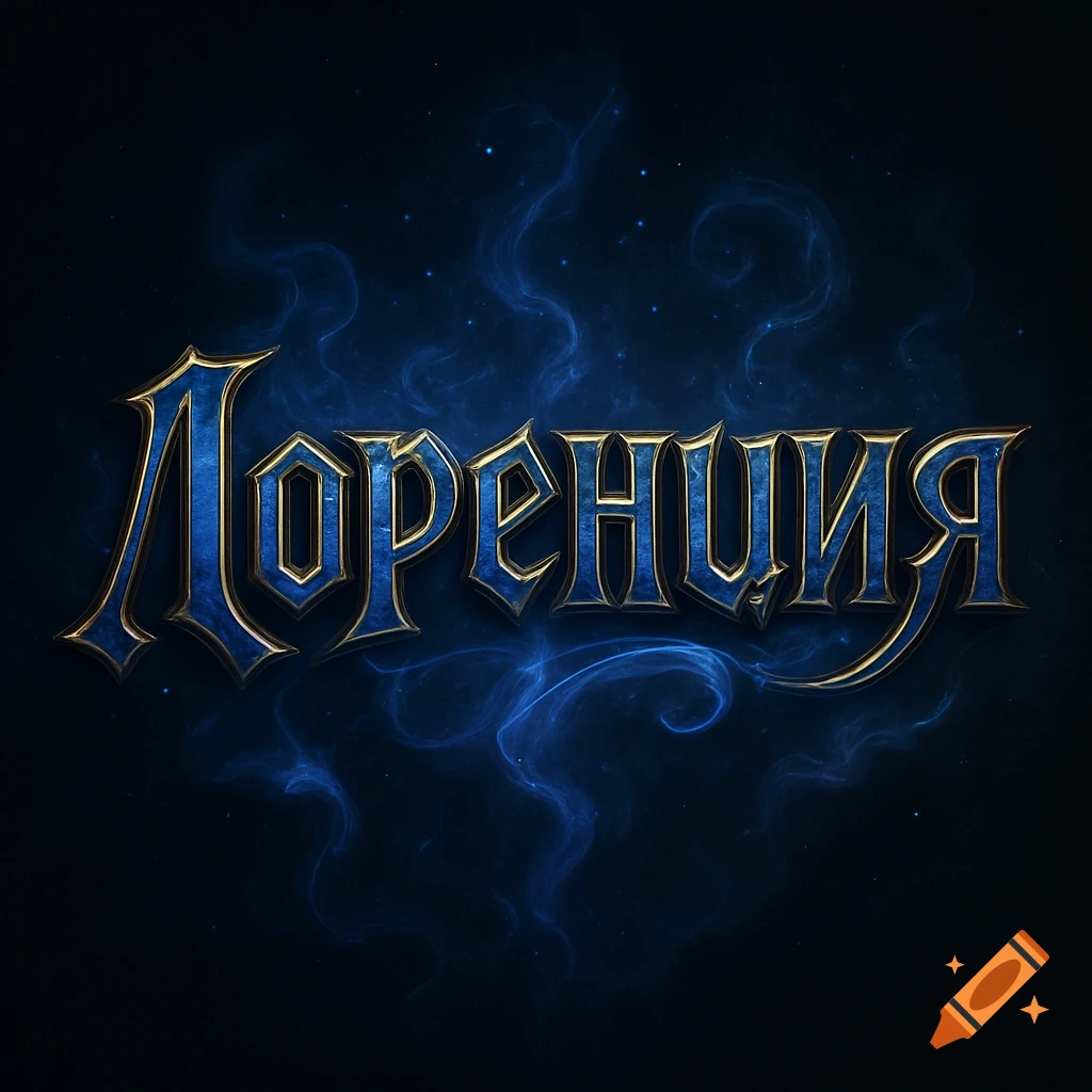 The word Лоренция in ornate blue and gold fantasy font against a dark, mystical blue background.