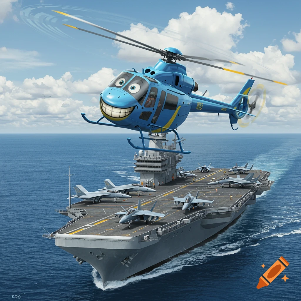 Smiling blue cartoon helicopter above a grey aircraft carrier with fighter jets on the ocean under a cloudy sky.