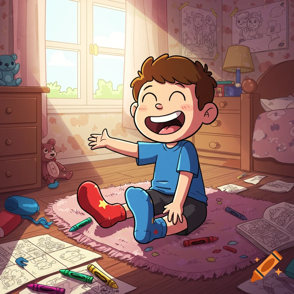 A happy cartoon boy sits on a pink rug in a sunlit, messy bedroom, surrounded by crayons and coloring pages.