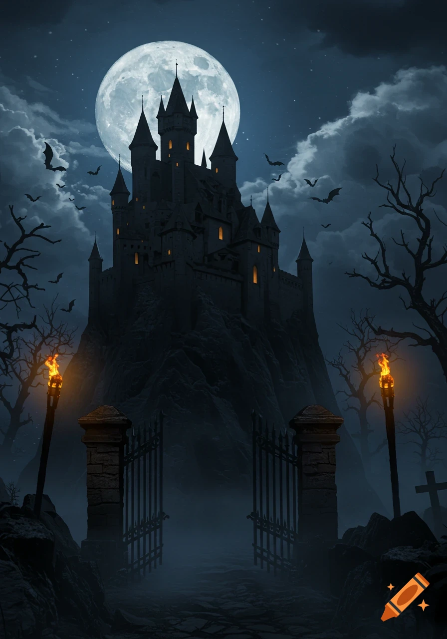 A dark gothic castle on a hill under a large full moon, with bats flying, spooky trees, and an open gate in the fog at night.