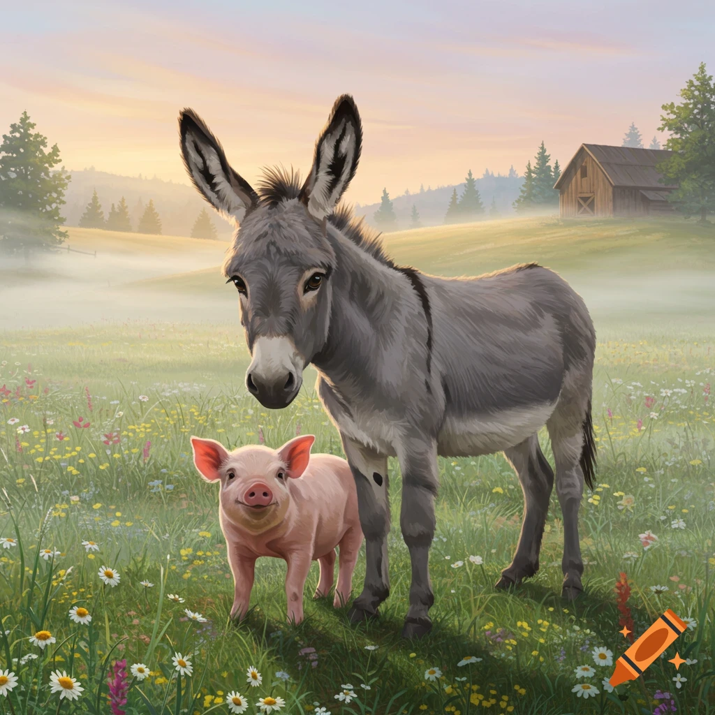 A grey donkey and a pink piglet stand in a lush field of wildflowers at sunrise with a barn in the background.