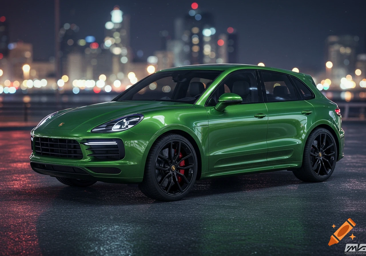 Bright green Porsche SUV parked on a wet city street at night, with a blurred illuminated skyline.