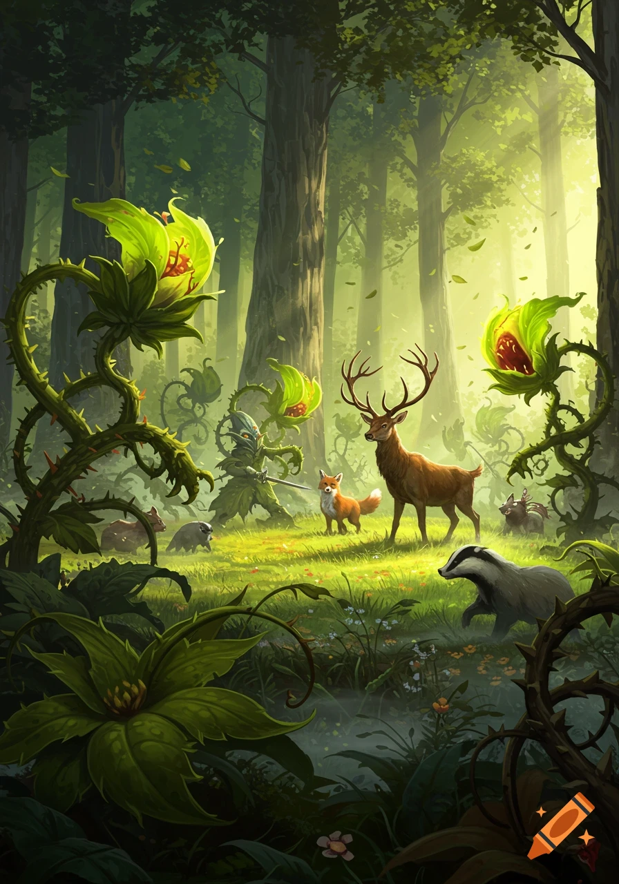 A fantasy warrior in a forest with sword, thorny plants, deer, fox, badger, and boars, rendered in a digital painting style.