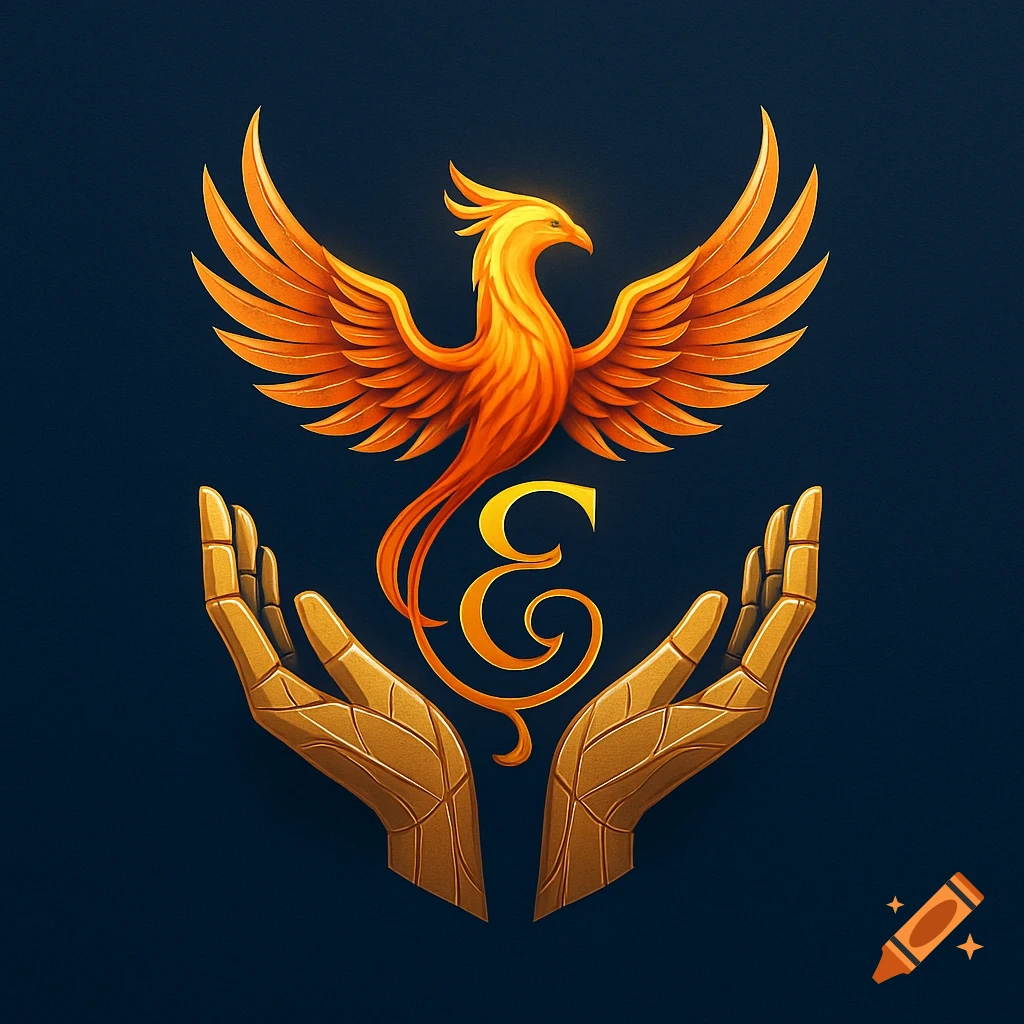 A stylized logo featuring a golden phoenix with outstretched wings above two golden hands, with an ornate letter 'E' in the center.