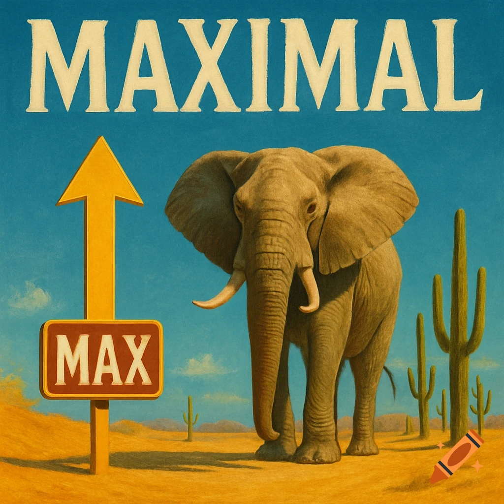 A painted scene of an elephant in a desert with cacti, a yellow upward arrow, a 'MAX' sign, and 'MAXIMAL' text in the blue sky.