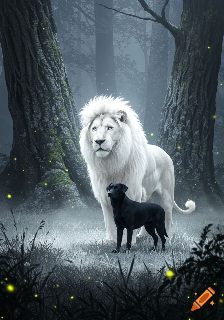A white lion and a black dog stand in a misty, magical forest with glowing fireflies, digital art.