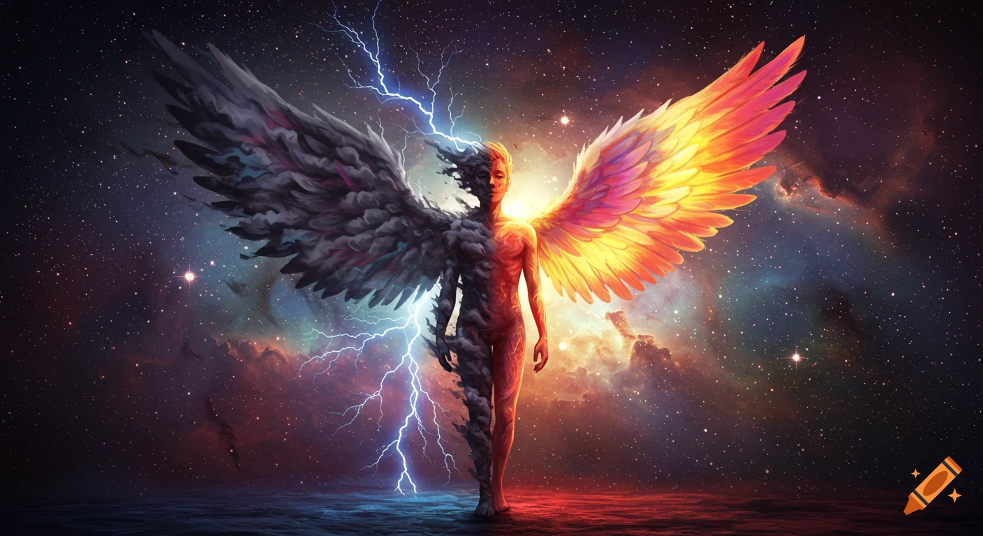 Stylized winged figure split between dark smoke and fire, with lightning and nebula in a cosmic background.