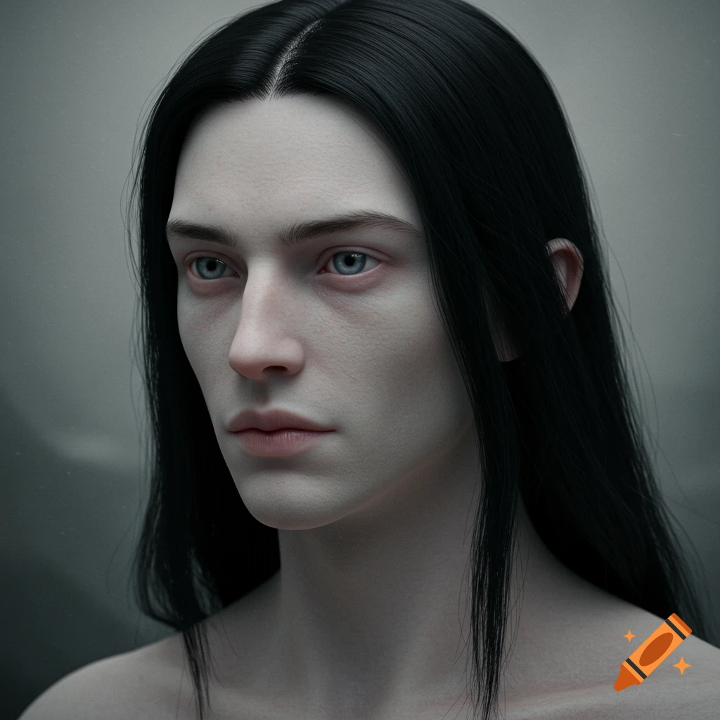Photorealistic portrait of an uncanny young man with pale skin, long black hair, and grey eyes.