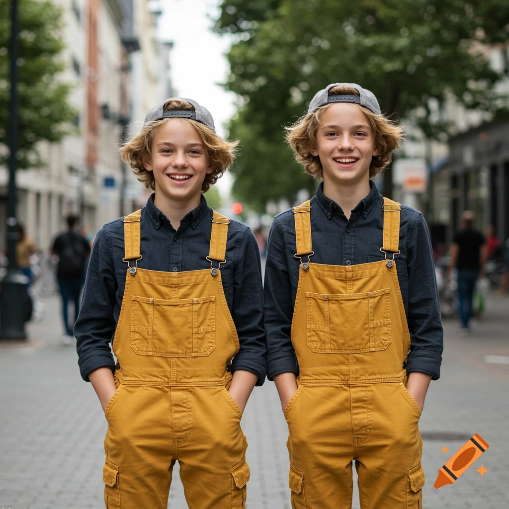Two identical blond boys in mustard yellow overalls and gray caps smiling on a blurred city street.