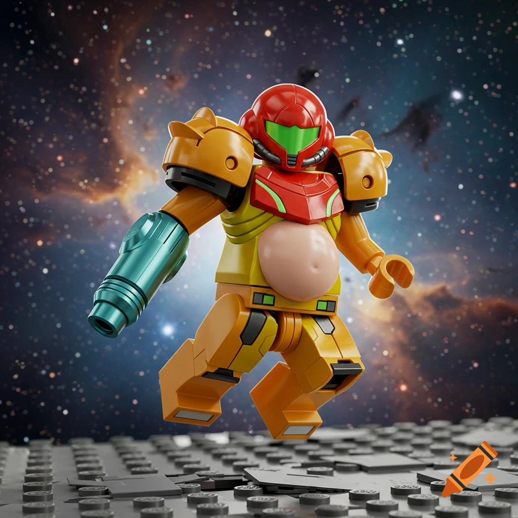 Pregnant Samus Aran Lego minifigure in power suit, floating above a shattered baseplate against a galaxy backdrop.
