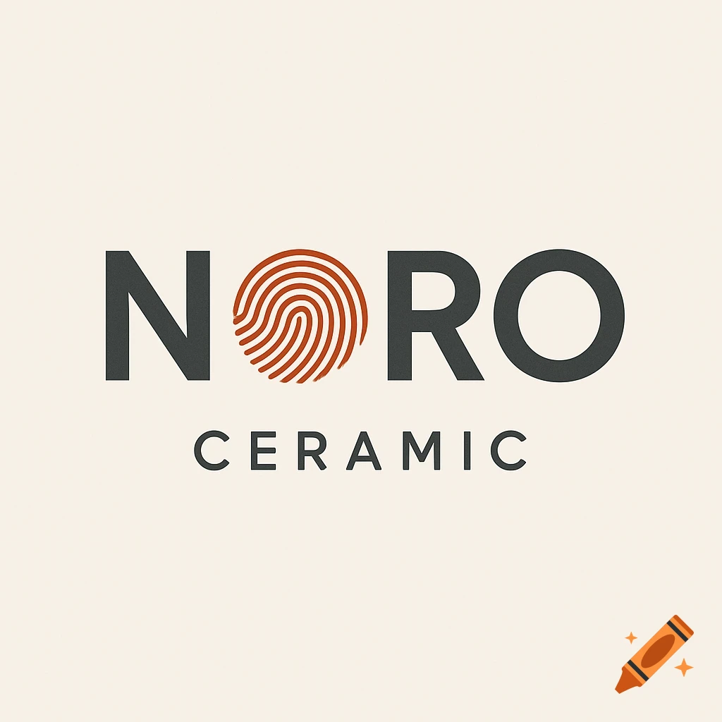 Minimalist logo for NORO CERAMIC with a dark gray wordmark and an orange fingerprint replacing the 'O', on a light beige background.