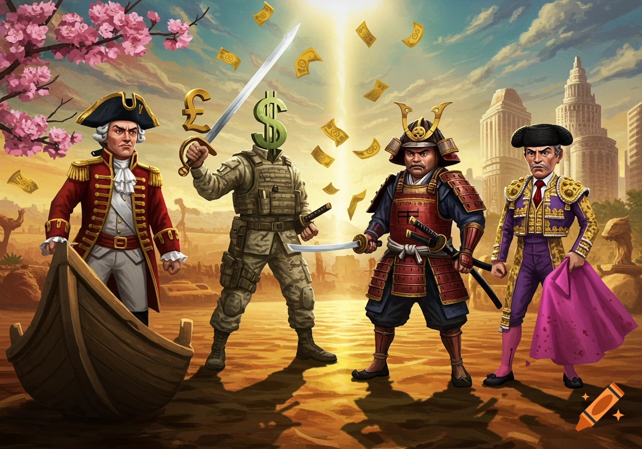 An allegorical illustration featuring a British captain, a soldier with a dollar sign for a head, a samurai, and a Spanish matador, with money falling from the sky. Each character represents a currency or nation in a stylized combat scene.