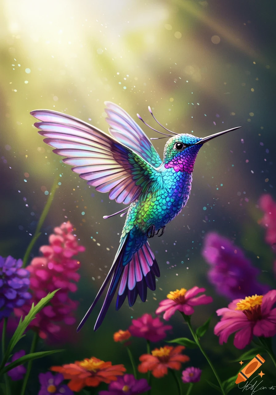 A vibrant, iridescent hummingbird with glowing wings hovers among colorful flowers, bathed in bright sunlight with shimmering particles.