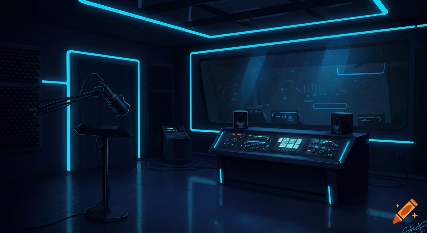 A futuristic recording studio with neon blue lights outlining the walls and equipment. A microphone stands on the left, and a mixing console with screens is on the right.