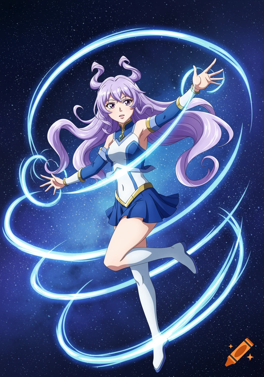 Anime girl with long purple hair in a blue and white costume, floating with glowing blue energy swirls on a starry background.