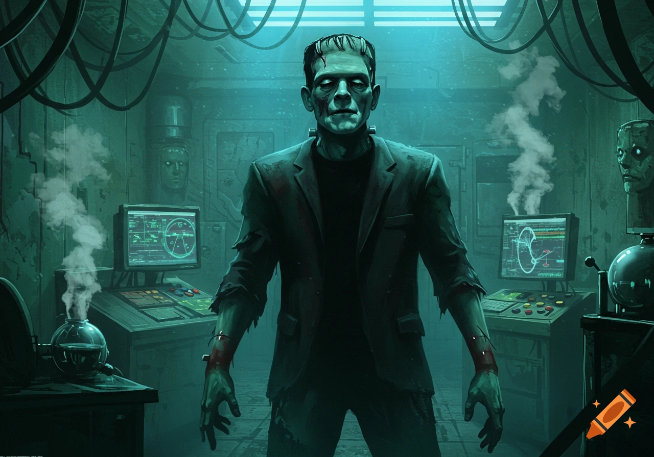 Frankenstein's monster stands in a dark, eerie laboratory filled with wires, monitors, and smoking beakers, in an illustrated style.
