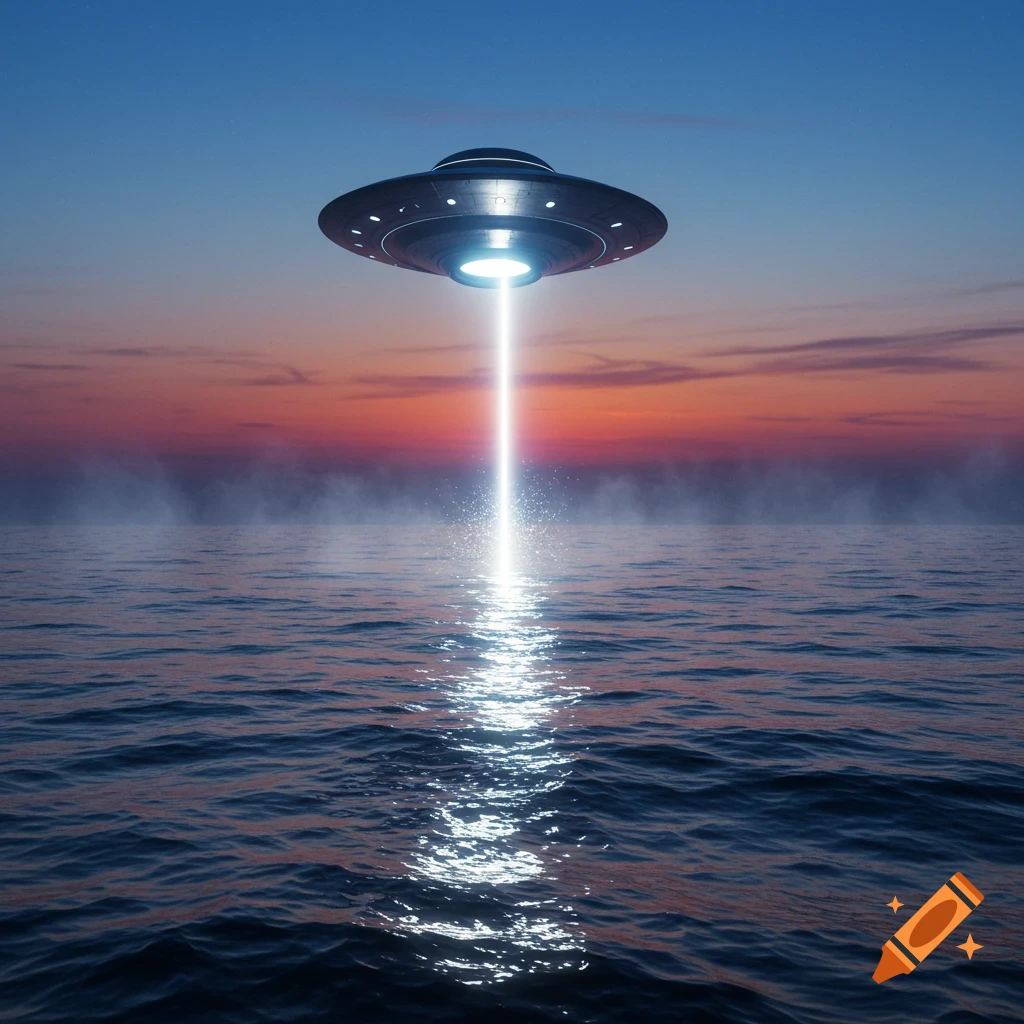 A photorealistic UFO hovers over the ocean at sunset, emitting a bright light beam onto the water's surface.