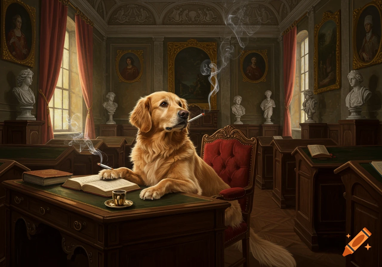 A golden retriever, smoking a cigarette and reading an open book at a large wooden desk in a grand, baroque-style university classroom.