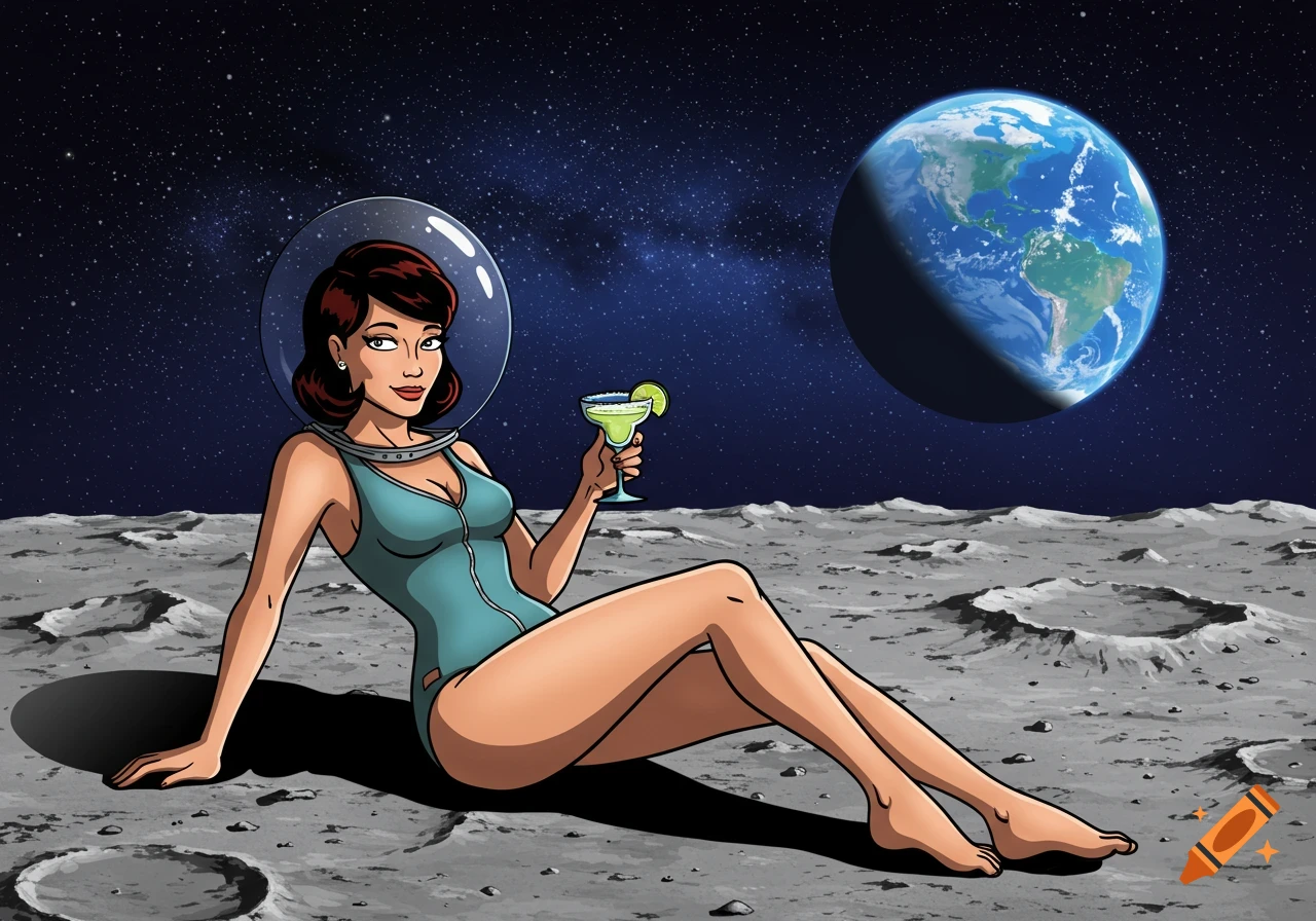 A cartoon woman resembling Cheryl from Archer, wearing a swimsuit and helmet, lounges on the moon's surface drinking a margarita, with Earth in the background.