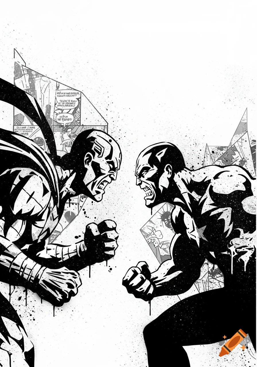 Two black and white stylized comic book characters with masks face off aggressively, fists clenched, in a stencil art style with paint splatters.