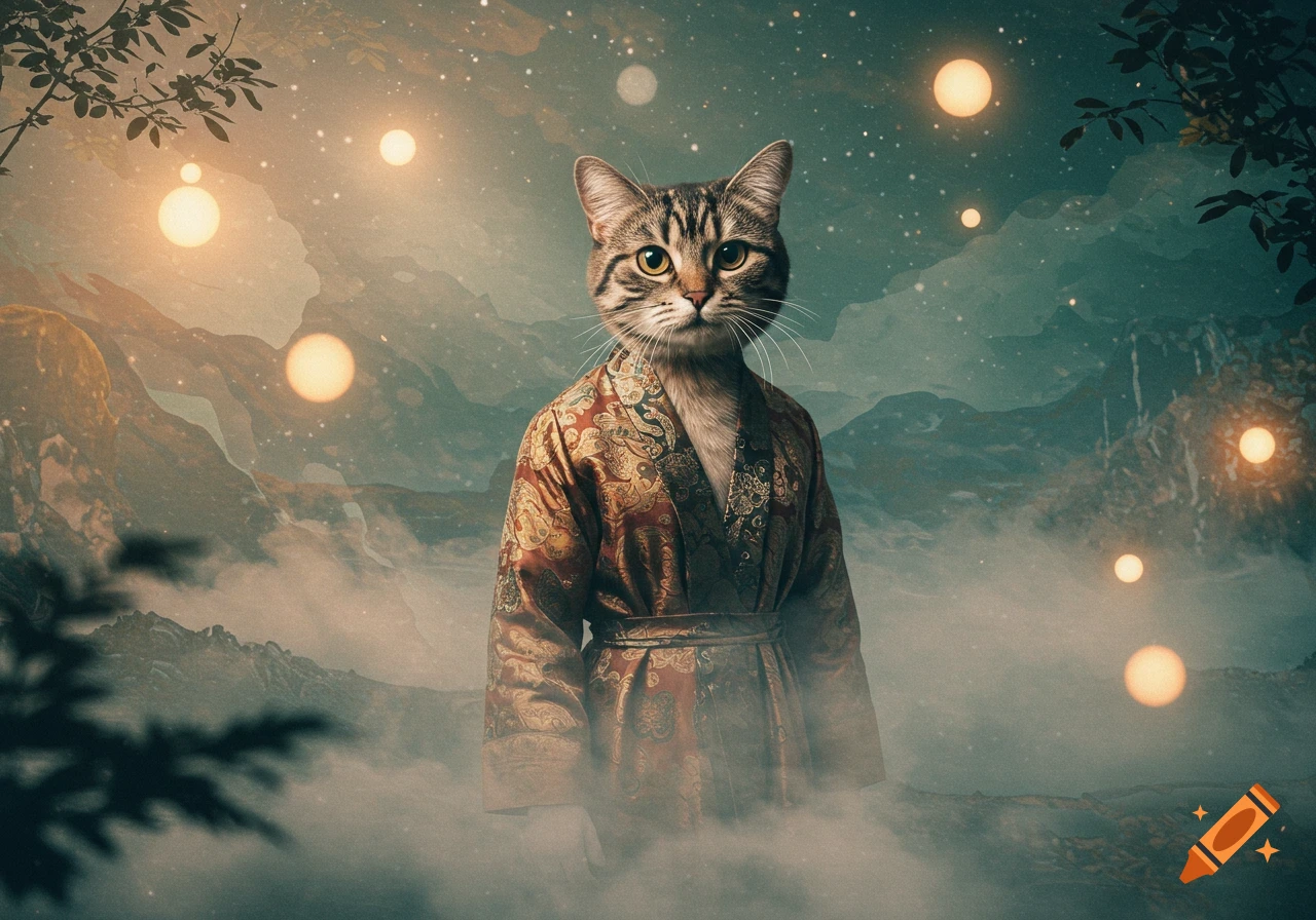 A tabby cat in an ornate robe stands in a mystical, foggy mountain landscape with glowing orbs and a starry sky.