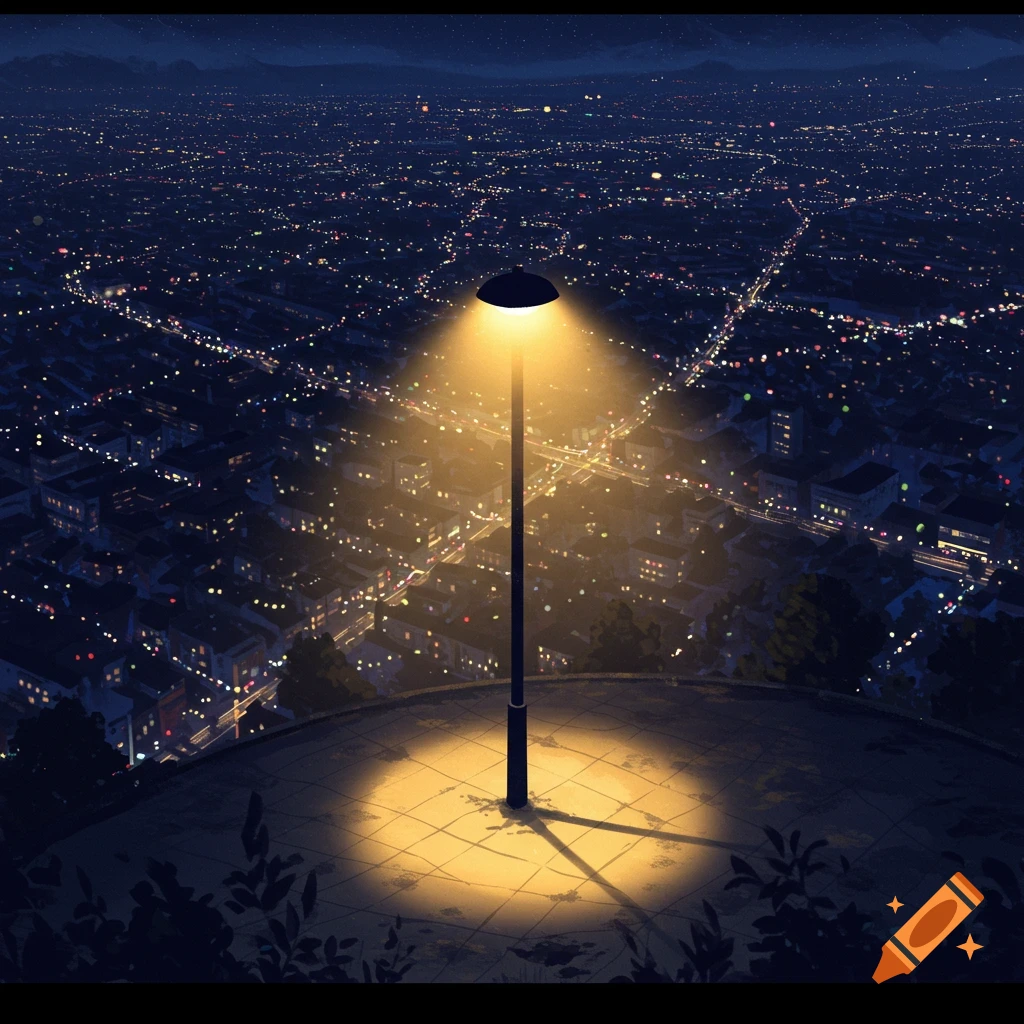An illustrative night scene of a streetlamp on a hill overlooking a sprawling city illuminated by countless lights.