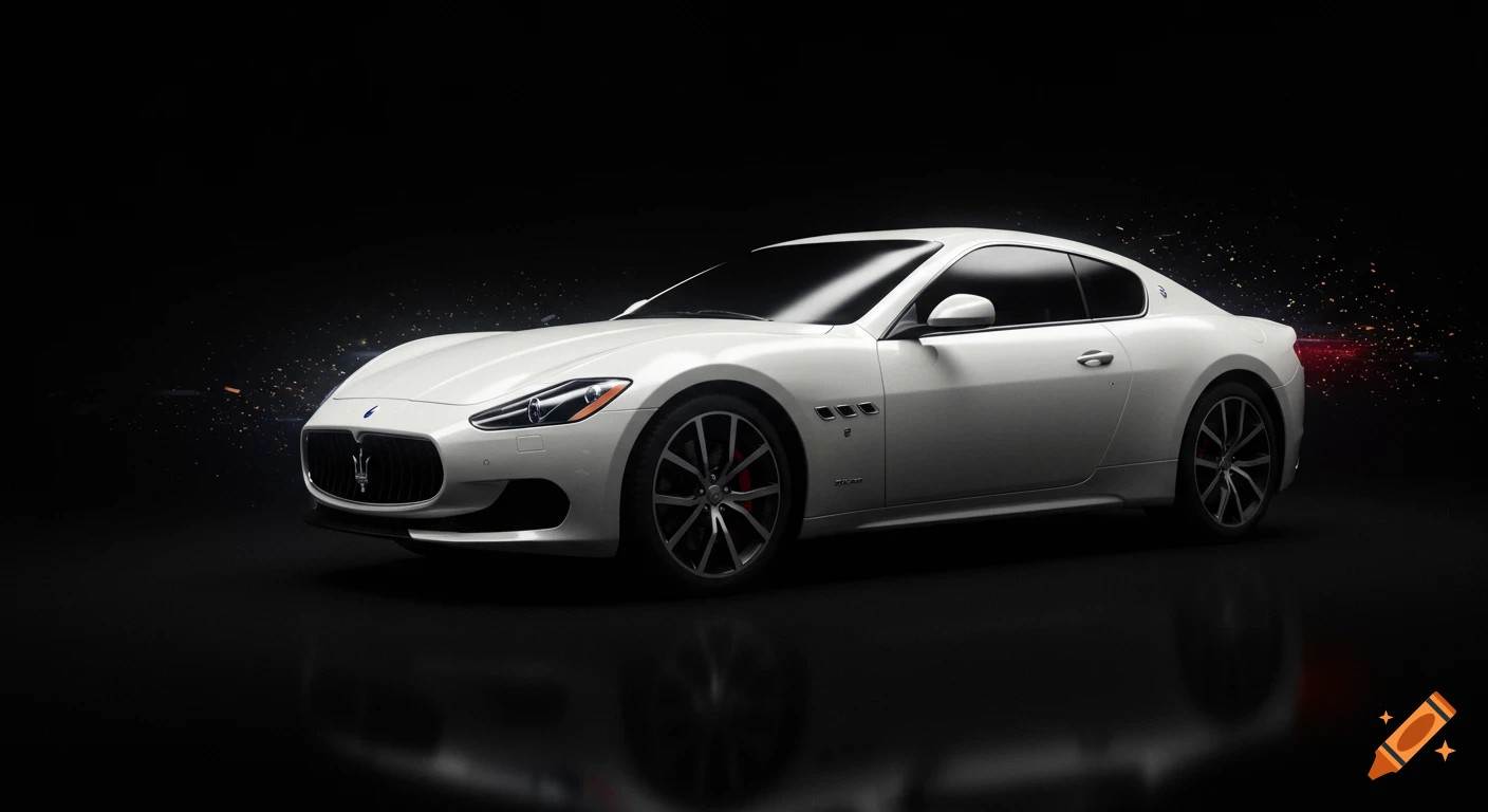 A sleek white Maserati sports car with reflective surfaces on a dark background, accented by subtle glowing sparks.