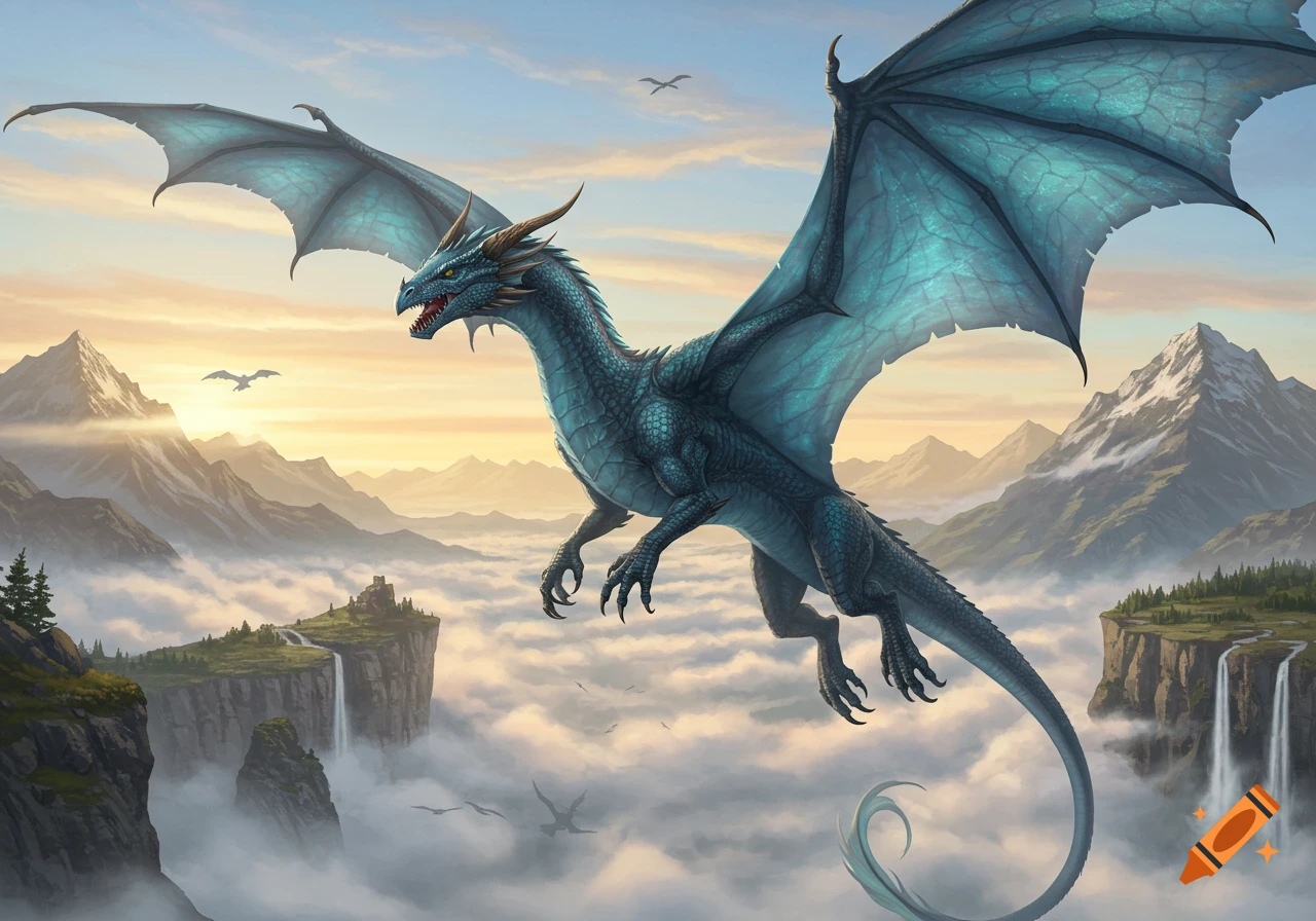 A majestic blue dragon with large wings flies over a mystical mountain landscape with clouds and waterfalls.