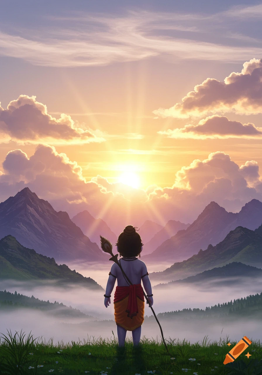 A child-like figure in traditional attire, back to viewer, watching a vibrant sunrise over misty mountains.