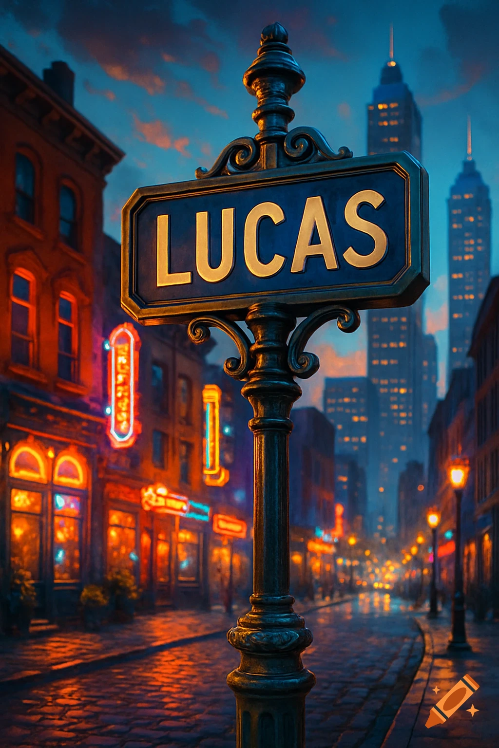 A stylized nighttime street view with a 'LUCAS' sign on a lamp post, glowing neon lights on buildings, and a wet cobblestone street.