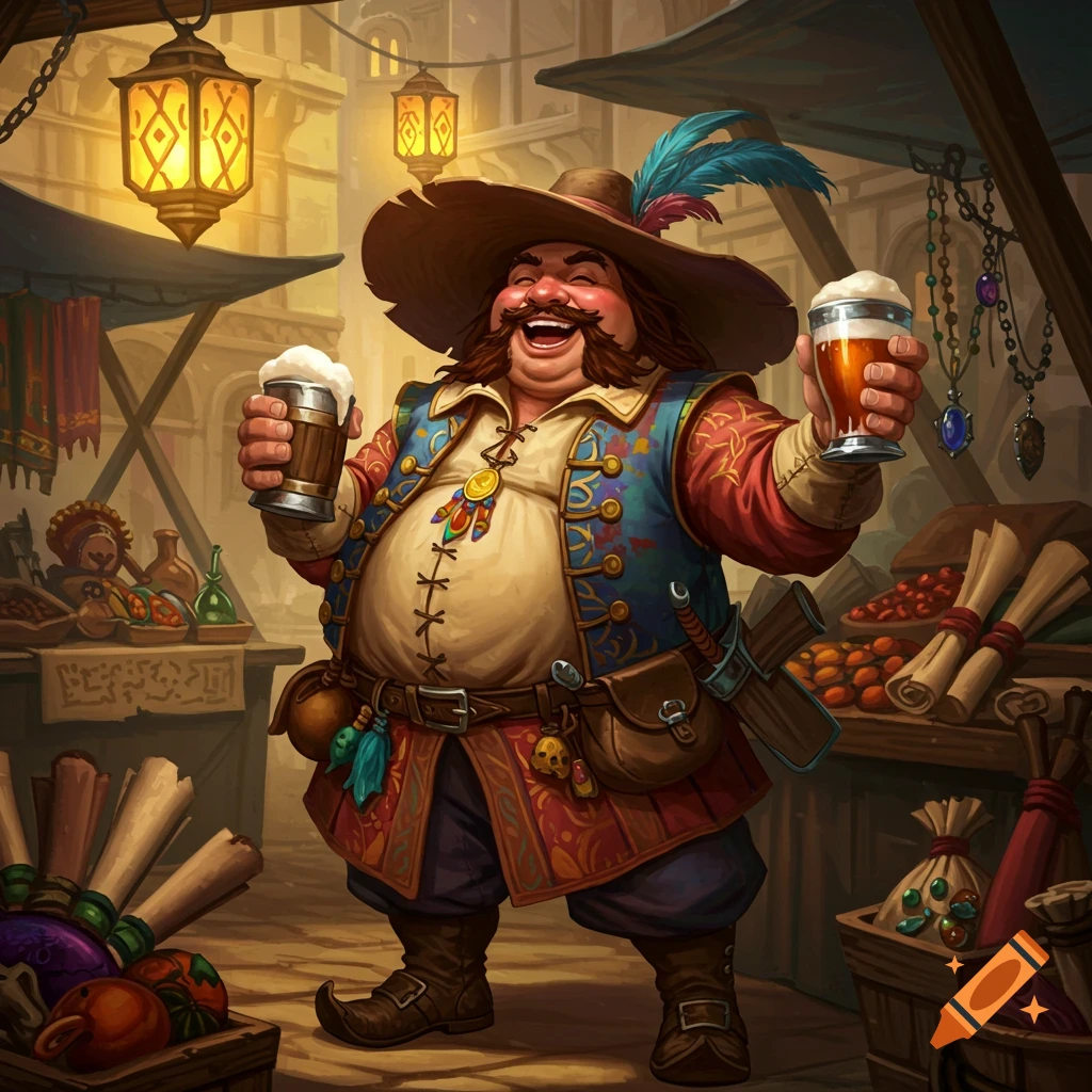 Jovial fantasy merchant in a marketplace, wearing colorful clothes and a feathered hat, holding two frothy mugs of beer. Digital illustration.