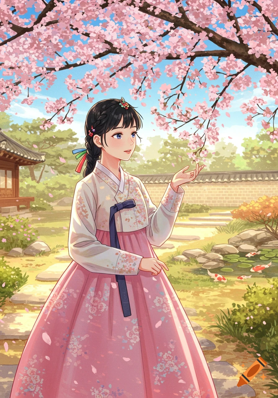 An anime girl in a pink hanbok stands in a traditional Korean garden with cherry blossoms overhead and a koi pond.