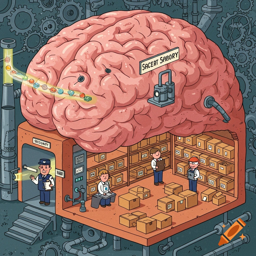Cartoon illustration of a brain as a factory with security guard and workers organizing data boxes on shelves, depicting an organized mind.