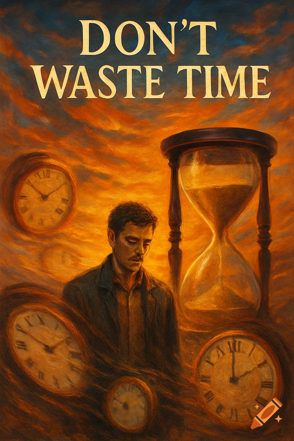 Painterly image of a pensive man, hourglass, and clocks under a golden sky, with 'DON'T WASTE TIME' at top.