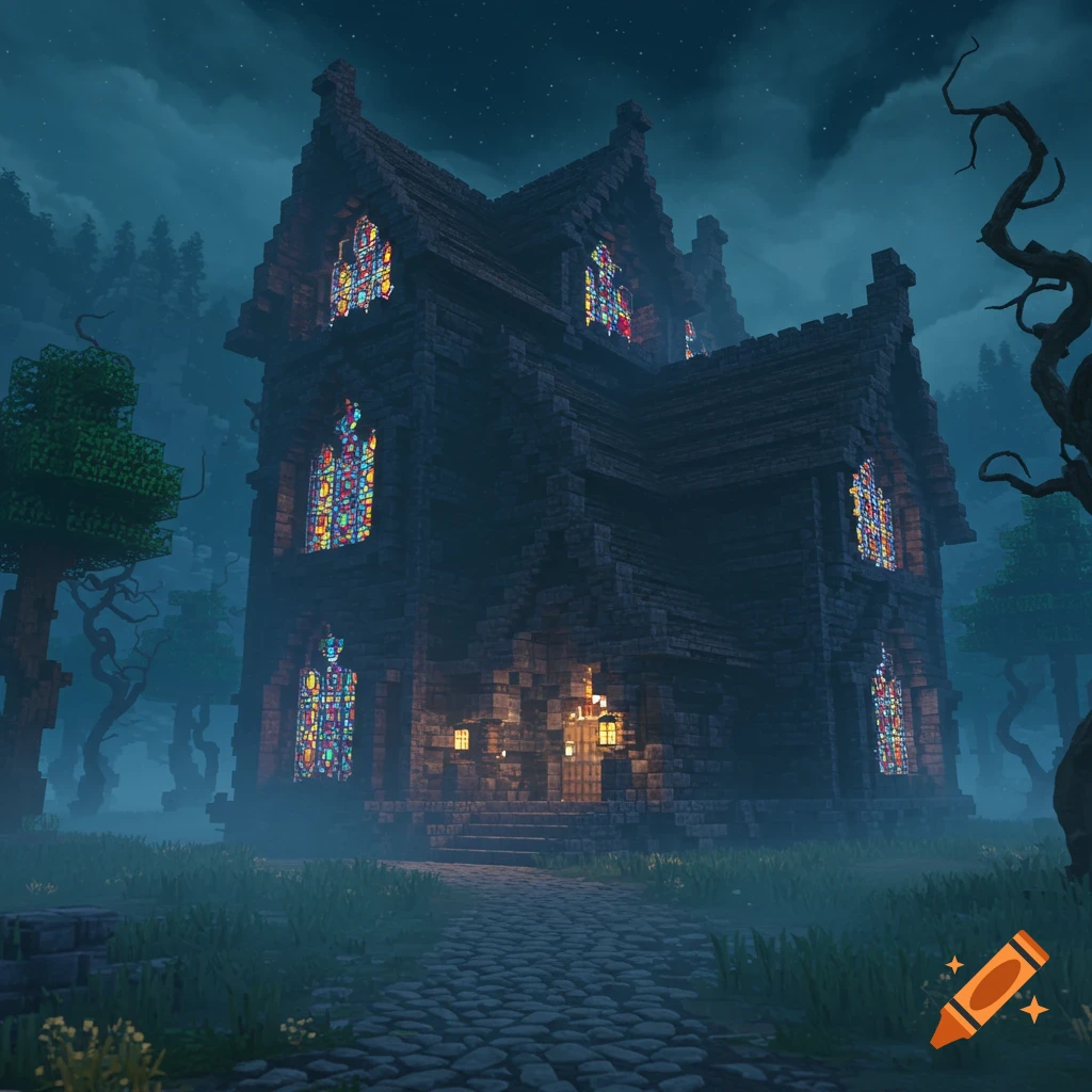 A moody Minecraft-style Gothic house with glowing stained glass windows, surrounded by eerie mist and twisted trees at night.